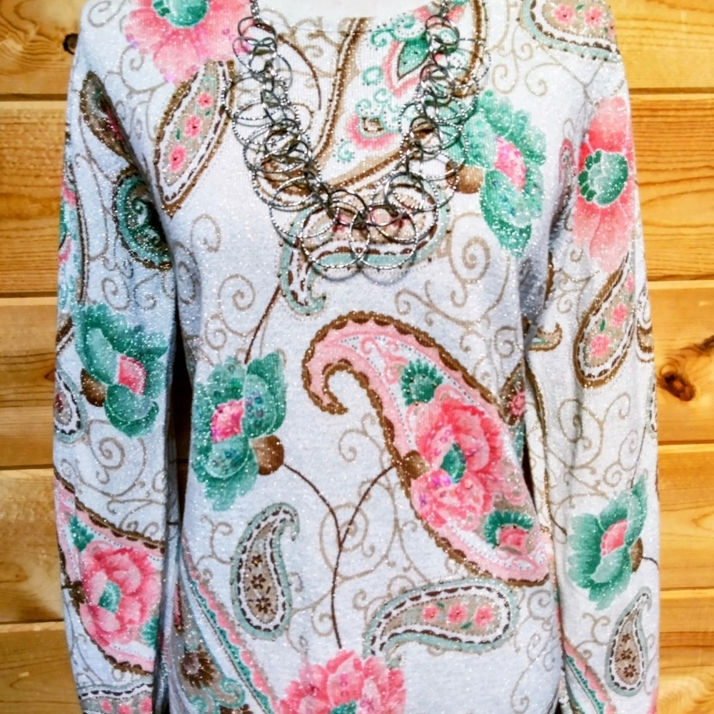 Alfred Dunner Shimmery Cream Floral & Pasley Sweater Shirt